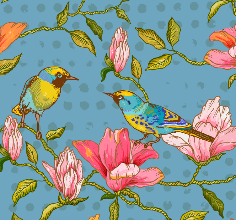 Gule fugler med blomster tapet - Tenstickers