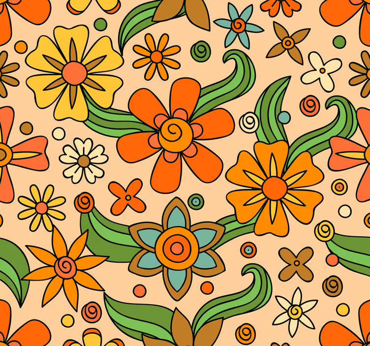 Gyldne og gule 70-tallsblomster tapet blomster - Tenstickers