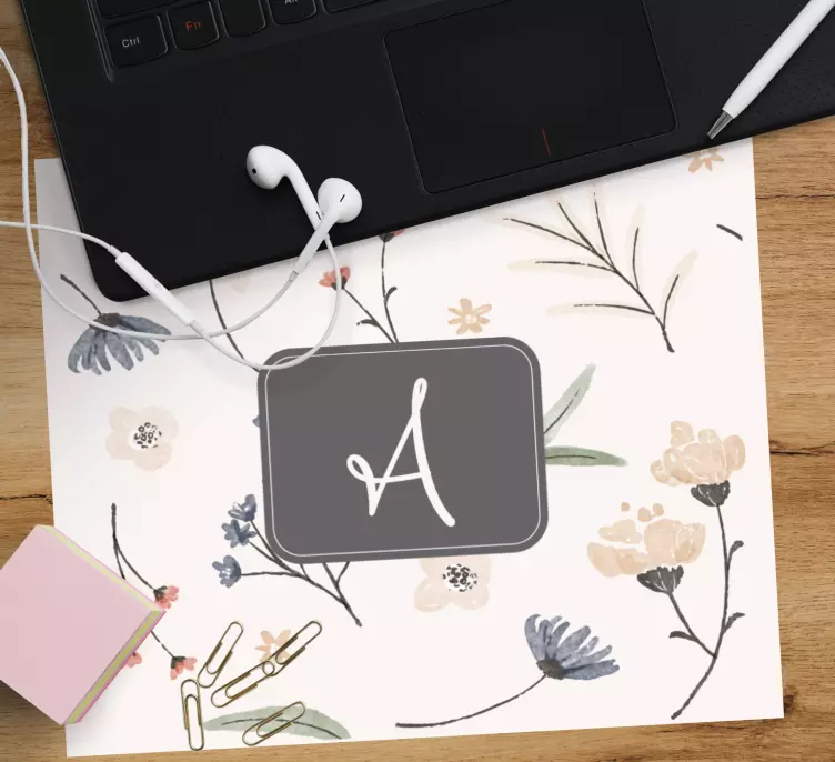 Floral monogram initial musematte med navn - Tenstickers
