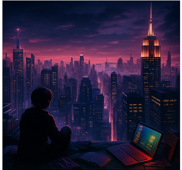 Futuristisk skyscaper-spillervisning rullegardin nerdere - Tenstickers