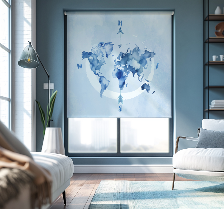 Akvarell blå planisfære rullegardin verdenskart - Tenstickers