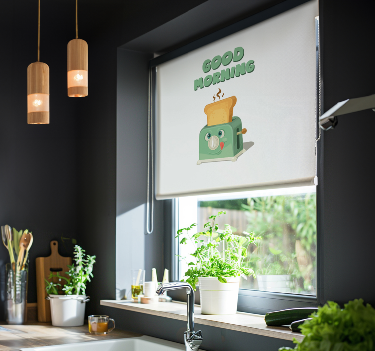 God morgen med brødrister rullegardin kjøkken - Tenstickers