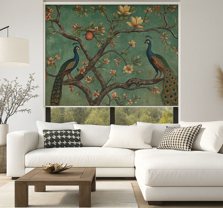 Utsmykket påfuglteppe rullegardin stue - Tenstickers