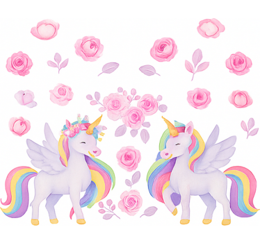 Rosa enhjørning og blomster rullegardin barn - Tenstickers