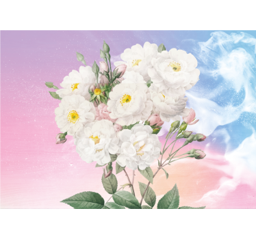 Rullegardin kjøkken hvite blomster blå og oransje bakgrunn - Tenstickers