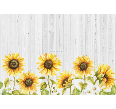 Rullegardin kjøkken solfylte blomster på grå planker - Tenstickers