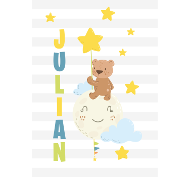 Brun bamse med ballonger og stjerner tegning rullegardin - Tenstickers
