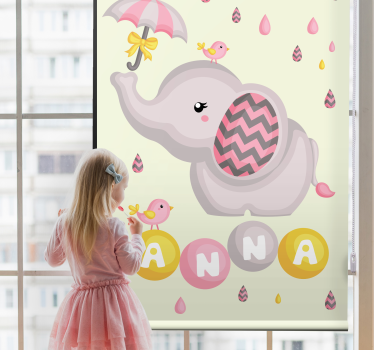 Barn elefant og fugl med paraply personlig rullegardin - Tenstickers