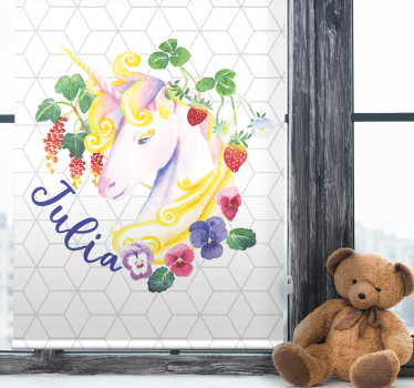 Floral enhjørning med navn rullegardin barn - Tenstickers