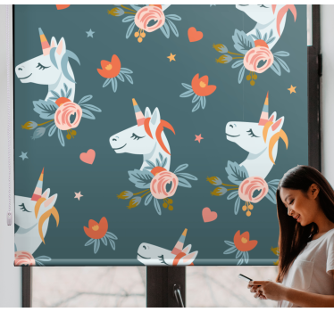 Enhjørning med blomster barn rullegardin - Tenstickers