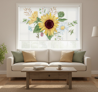 Hvit rullegardin med solblomster og prestekrager - Tenstickers