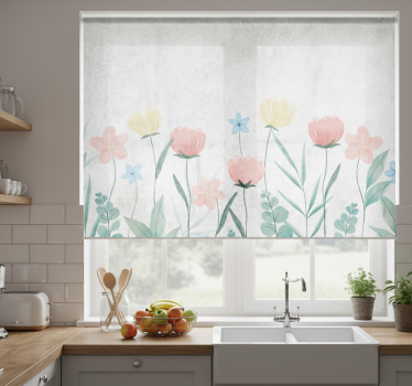 Rullegardin kjøkken fargerike blomster på hvit bakgrunn - Tenstickers
