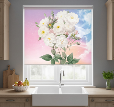 Rullegardin kjøkken hvite blomster blå og oransje bakgrunn - Tenstickers