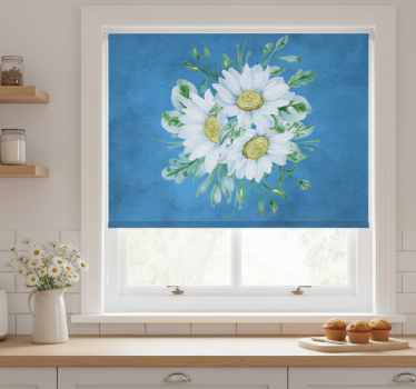Rullegardin kjøkken hvite blomster på blå bakgrunn - Tenstickers