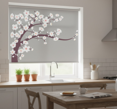 Rullegardin kjøkken hvite blomster på grå bakgrunn - Tenstickers