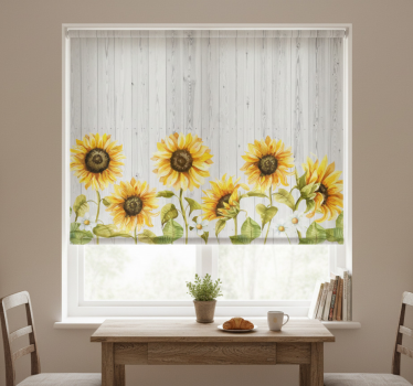 Rullegardin kjøkken solfylte blomster på grå planker - Tenstickers