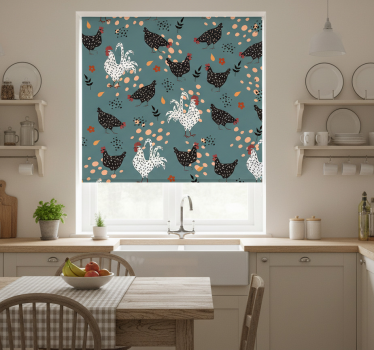 Rullegardin kjøkken svart-hvite høner med blomster - Tenstickers