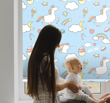 Søte enhjørninger og regnbuer rullegardin barn - Tenstickers
