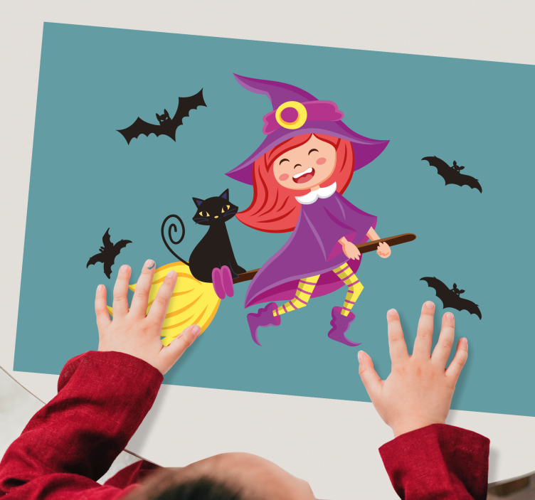 Heks på flygende kost med svart katt spisebrikke Halloween - Tenstickers