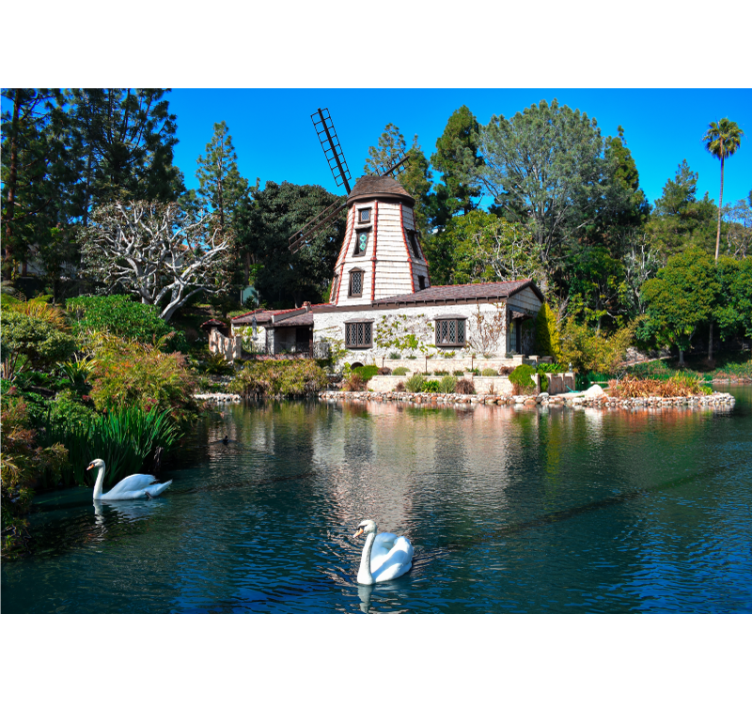 To svaner og fargerike trær veggmaleri - Tenstickers