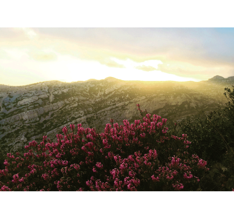 Fjell og rosa blomster fototapet på badet - Tenstickers