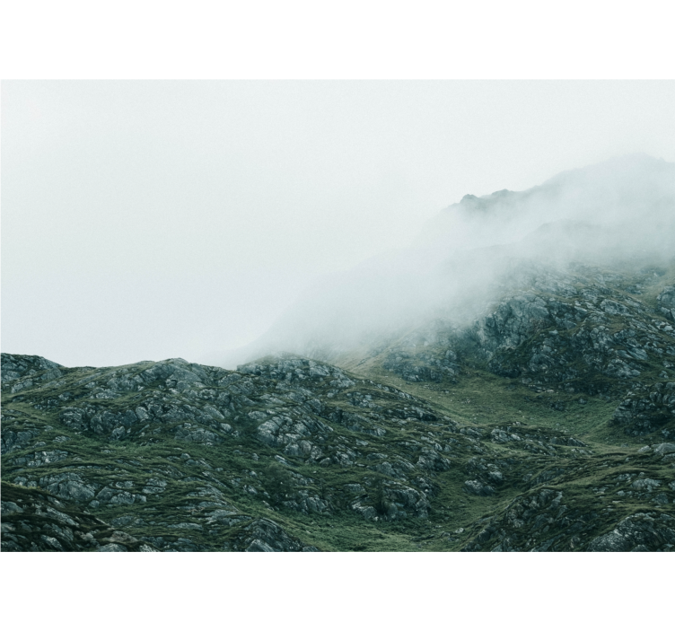 Utsikt i tett tåke fototapet fjell - Tenstickers