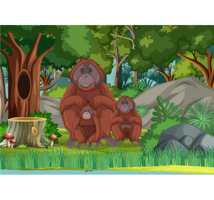 Fototapet dyr orangutangfamilie scene - Tenstickers