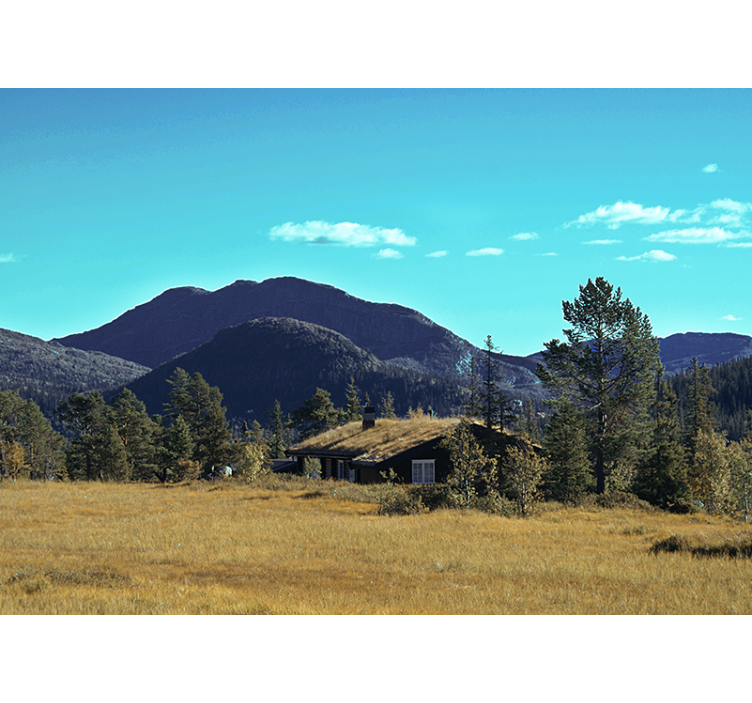 Fototapet landskap hytte ved fjellet - Tenstickers