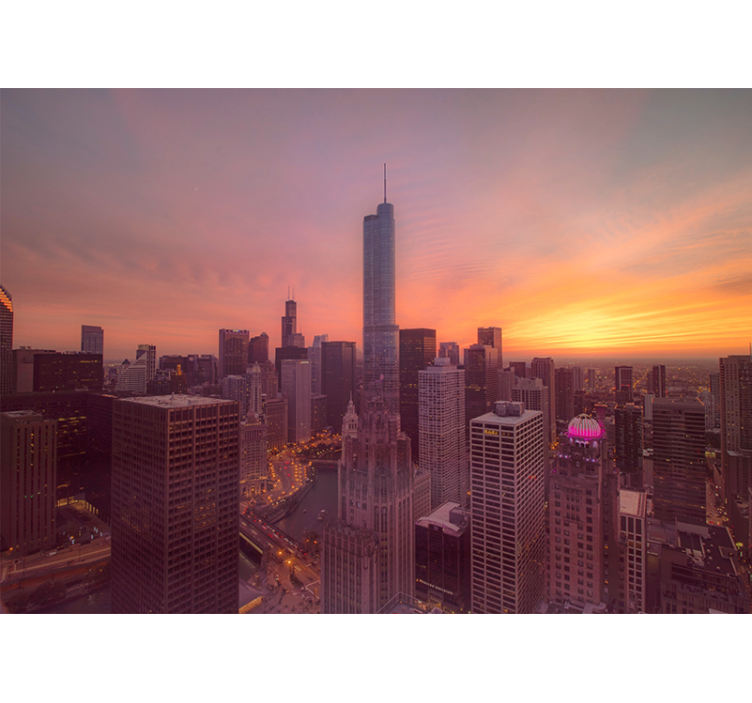 Fototapet byer chicago skyline solnedgang - Tenstickers