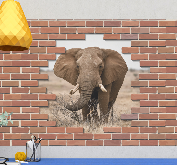 3d ødelagt vegg med elefant 3d fototapet - Tenstickers