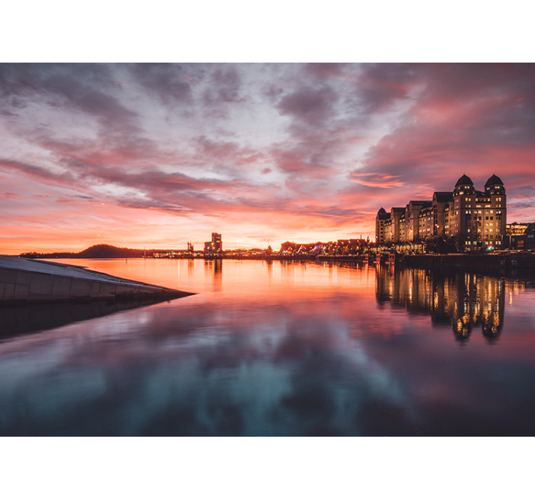 Solnedgang bybilde refleksjon fototapet byer - Tenstickers