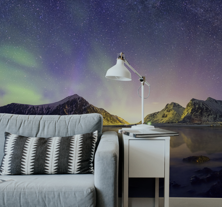 Aurora borealis med snø fjell fototapet - Tenstickers
