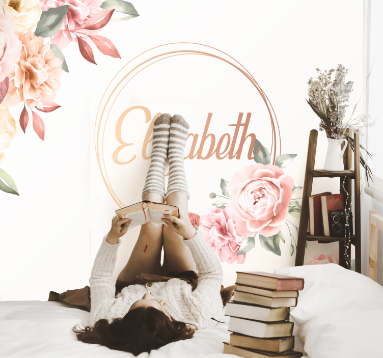 Blomster ramme med navn tilpasset veggmaleri - Tenstickers