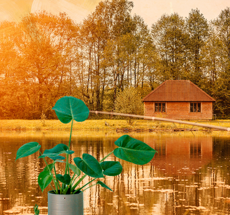 Brune hus ved innsjøen med fjell fototapet byer - Tenstickers