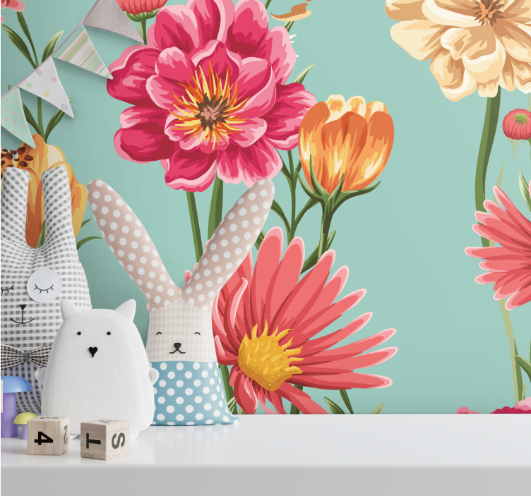 Fargerike blomster blå bakgrunn fototapet blomster - Tenstickers