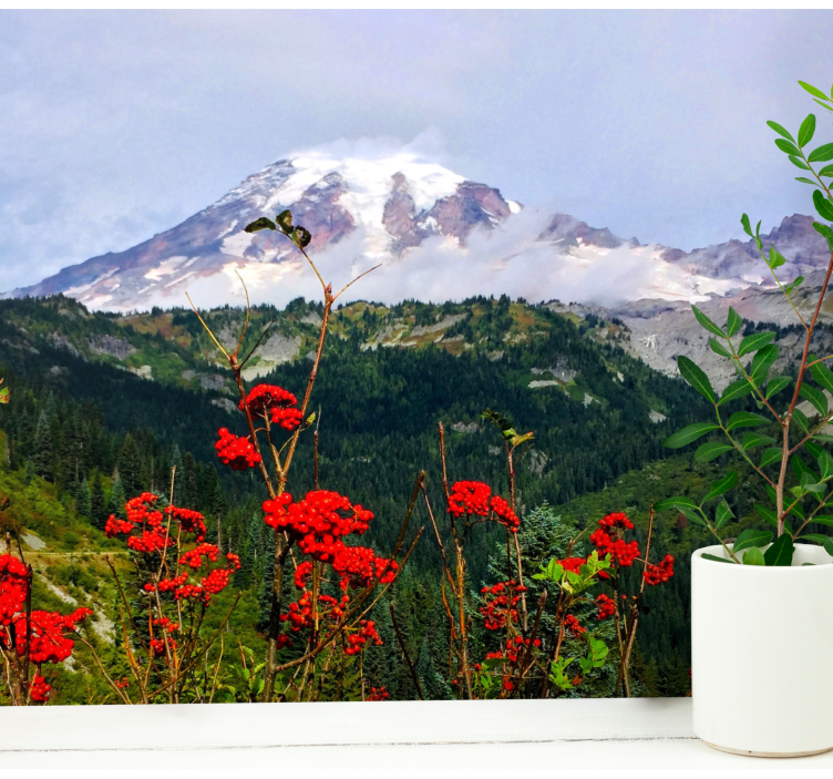 Fjell og røde blomster fototapet blomster - Tenstickers