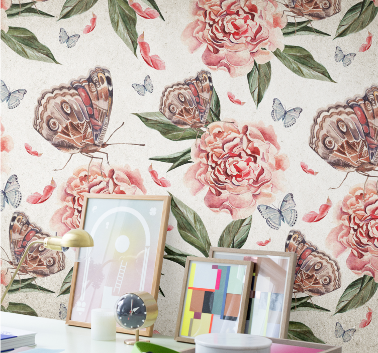 Fototapet blomster sommerfugler og pæoner - Tenstickers