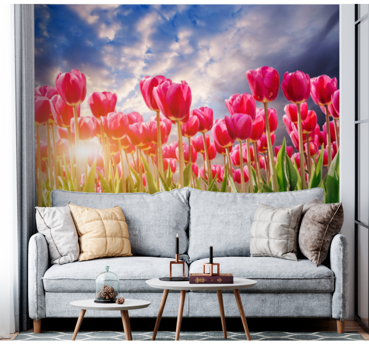 Fototapet blomster strålende tulipanfelt - Tenstickers