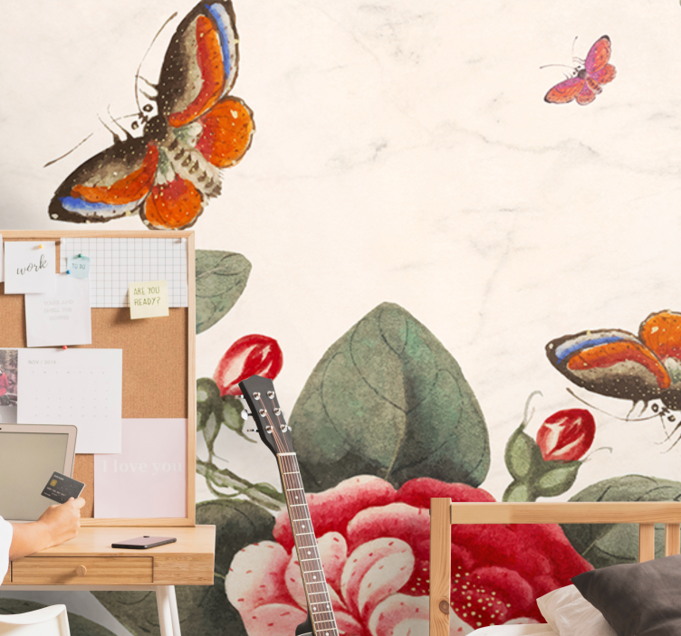 Fototapet blomster svevende insekter og blomster - Tenstickers