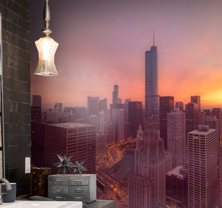 Fototapet byer chicago skyline solnedgang - Tenstickers