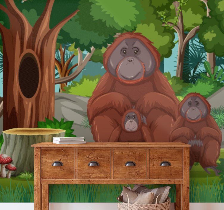 Fototapet dyr orangutangfamilie scene - Tenstickers
