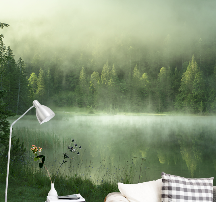 Fototapet natur misty lake refleksjon - Tenstickers