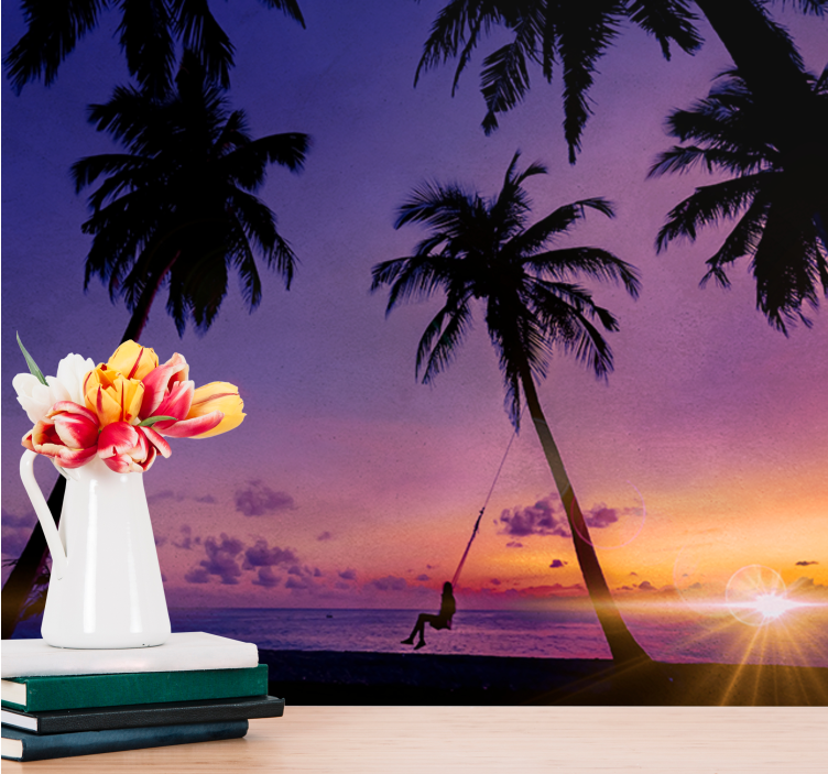 Fototapet natur solnedgang med svingende palmer - Tenstickers