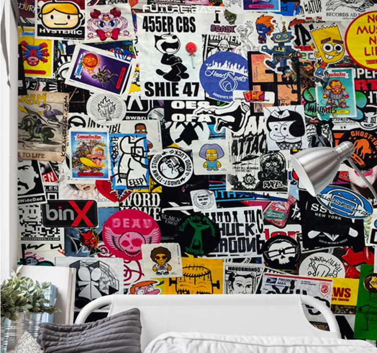 Fototapet urban kunst fargerik klistremerke collage - Tenstickers