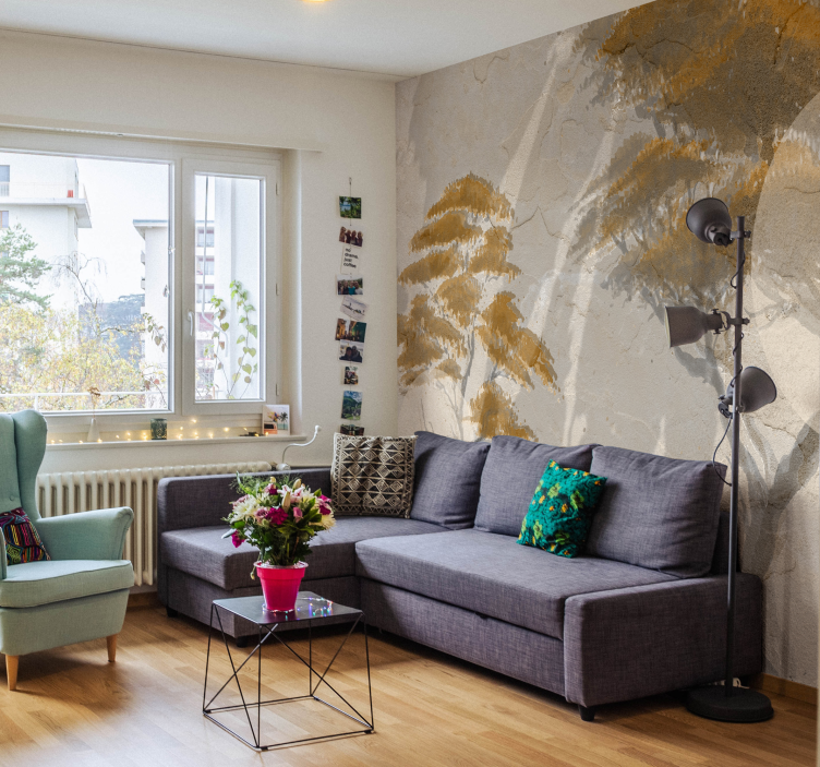 Grasiøse tresilhuetter fototapet stue - Tenstickers