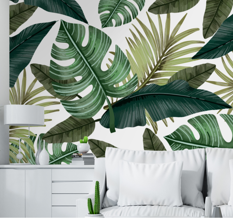 Grønne monstera blader hvit bakgrunn fototapet stue - Tenstickers