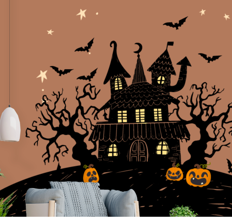 Halloween fototapet spøkelsesaktig gresskar slott - Tenstickers