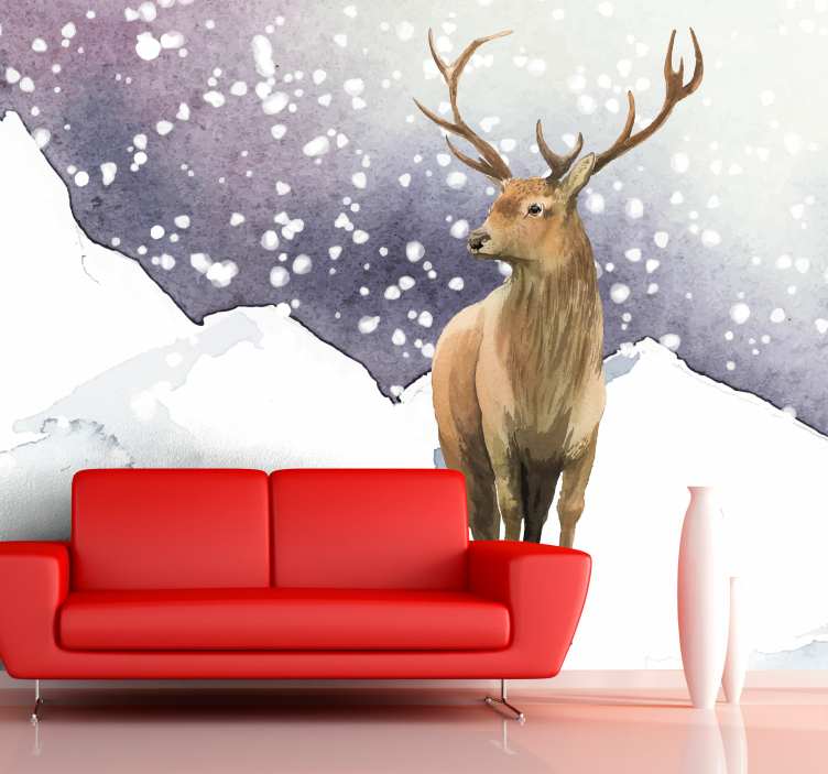 Hjort i snø fototapet dyr - Tenstickers