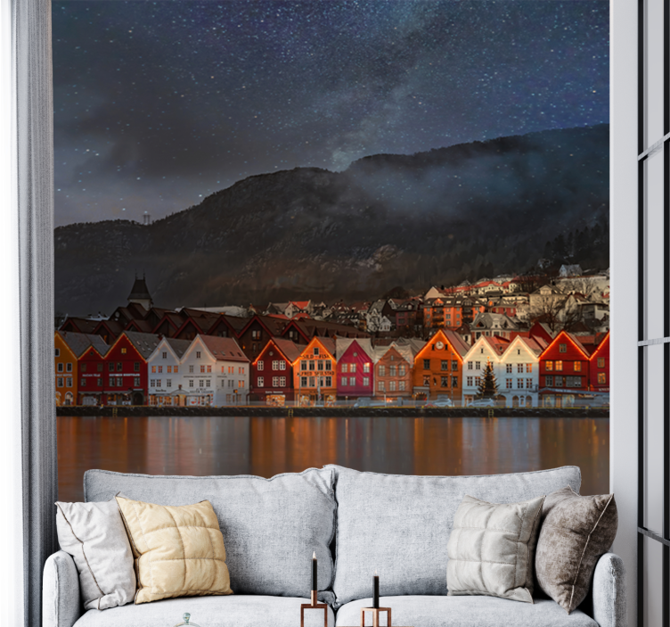 Hus på kysten av norge fototapet innsjø - Tenstickers