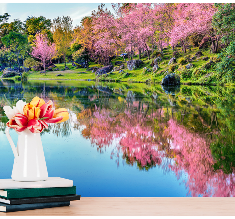 Kirsebærblomstrende refleksjoner fototapet blomster - Tenstickers
